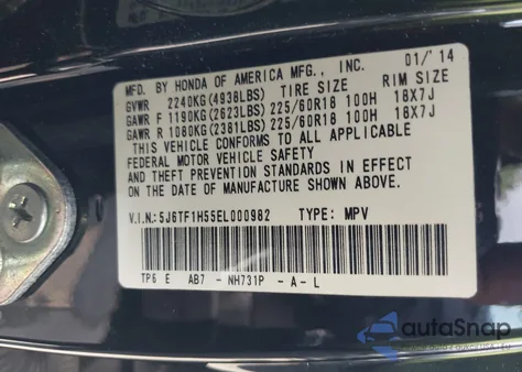 2014 Honda Crosstour Ex-L V6 from USA, damaged, VIN 5J6TF1H55EL000982